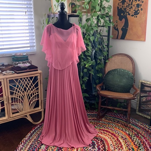 Dresses & Skirts - Vintage 70s Dusty Mauve Accordion Pleat Spaghetti Strap Maxi Dress Sheer Cape